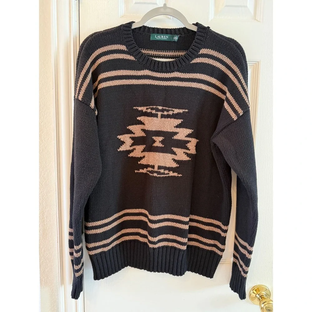 Lauren Ralph Lauren XL Southwestern Sweater Black Tan Aztec Cotton Wool